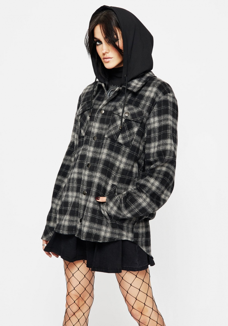 Disturbia Unplugged Check Shacket with Removeable Hood | IDM-43798716