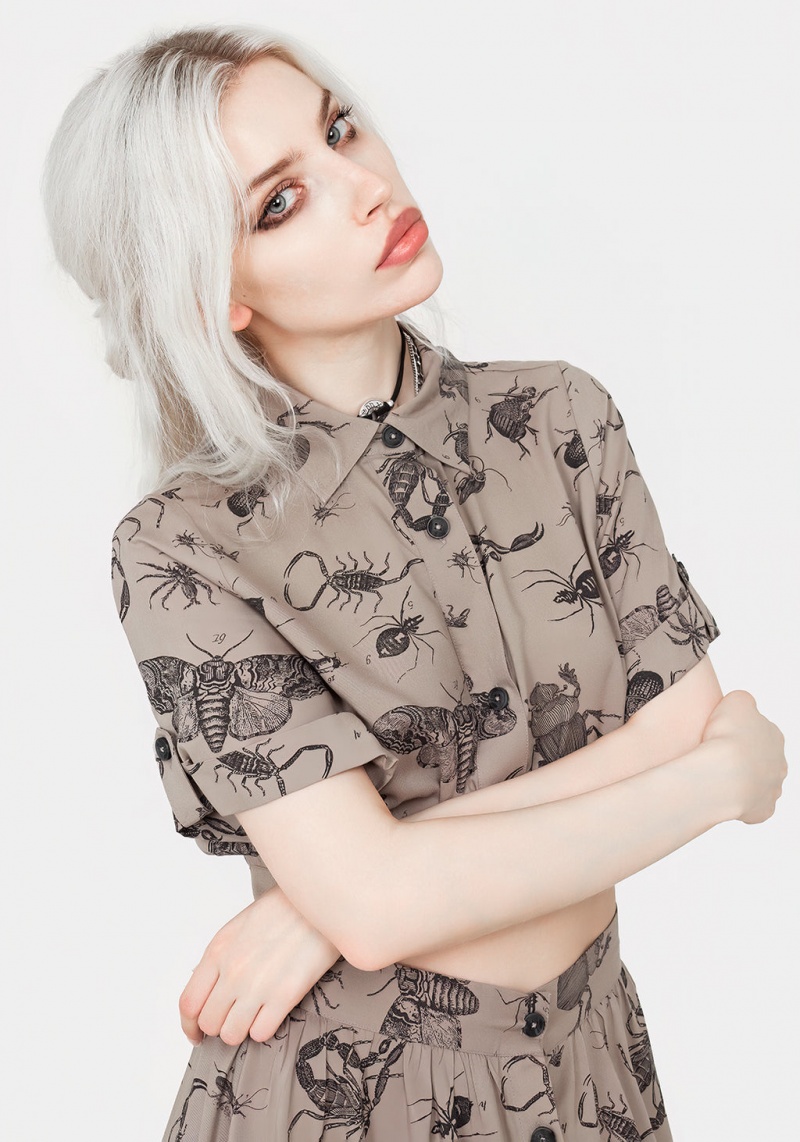 Disturbia Parasite Bugs Print Crop Corta Sleeve Shirt - Taupe | BZE-95066377