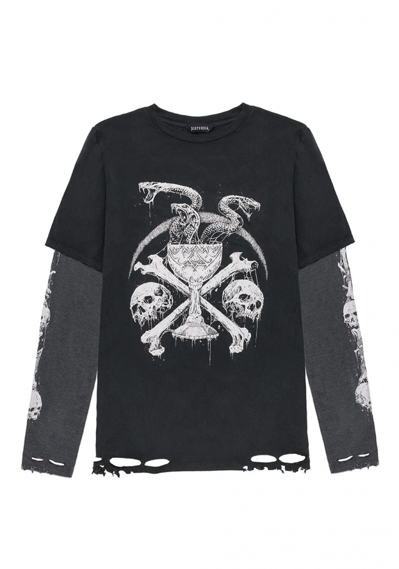 Disturbia Temptation Snakes Unisex Layered Distressed Long Sleeve T-shirt | KXI-04417473