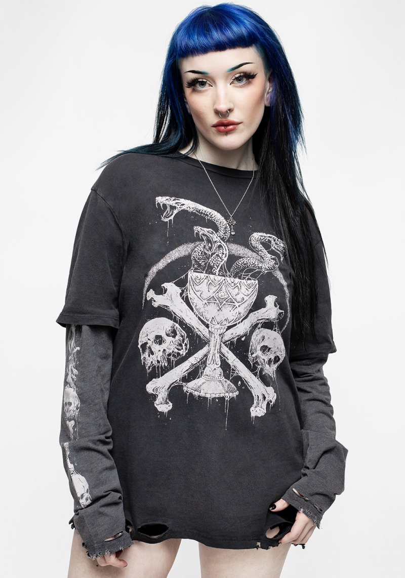 Disturbia Temptation Snakes Unisex Layered Distressed Long Sleeve T-shirt | CAX-42297371