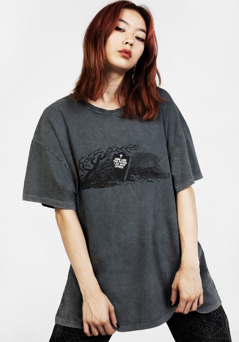 Disturbia Here Lies Grey Acid Wash Oversized Tee | GXK-95269810