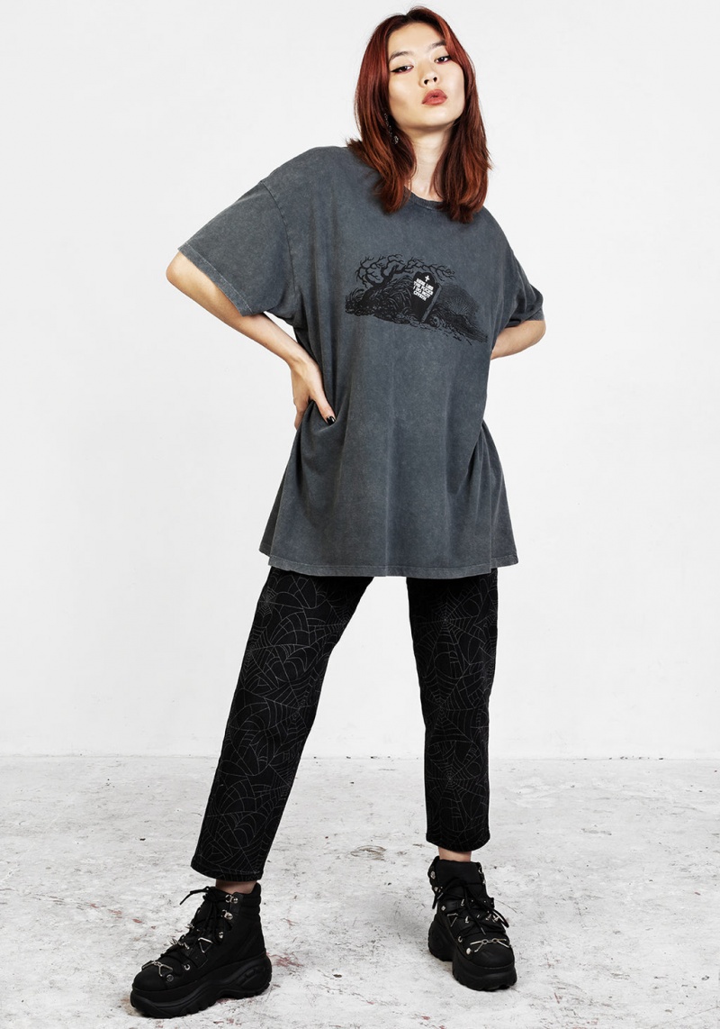 Disturbia Here Lies Grey Acid Wash Oversized Tee | GXK-95269810