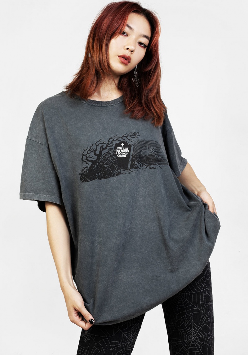 Disturbia Here Lies Grey Acid Wash Oversized Tee | GXK-95269810