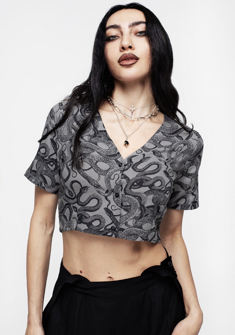 Disturbia Ophidia Snakes Print Button Down Crop Top - Grey | PSX-05452346