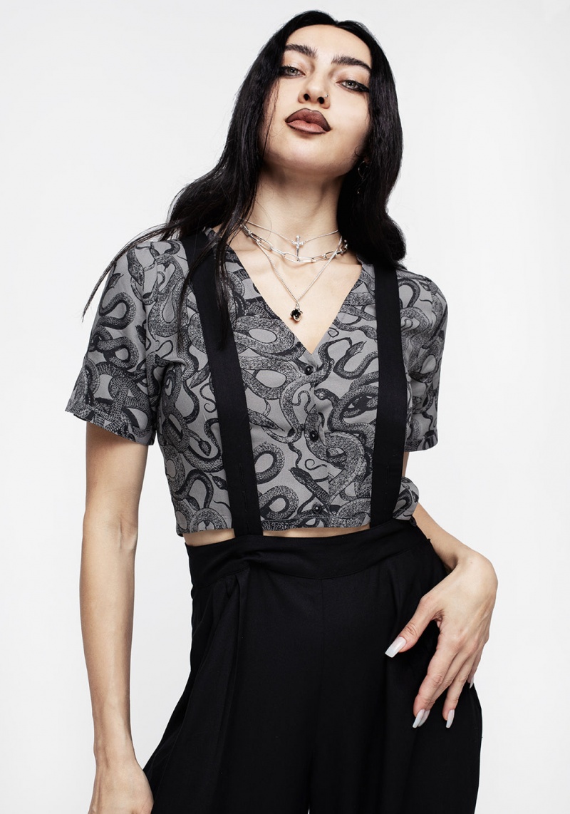 Disturbia Ophidia Snakes Print Button Down Crop Top - Grey | PSX-05452346