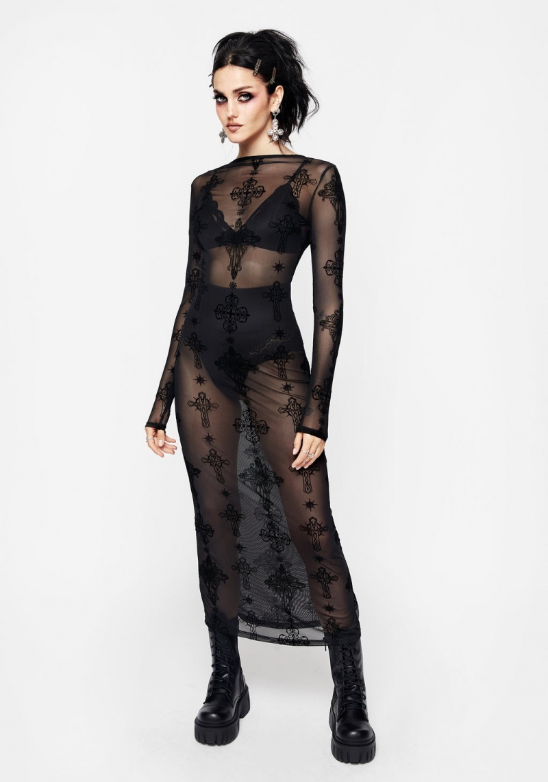 Disturbia Priestess Flocked Mesh Maxi Robe | YWS-18366571