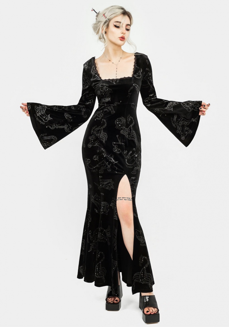 Disturbia Zodiac Foil Print Velour Flute Sleeve Maxi Gown | IBK-77241783