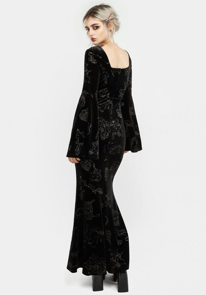 Disturbia Zodiac Foil Print Velour Flute Sleeve Maxi Gown | IBK-77241783