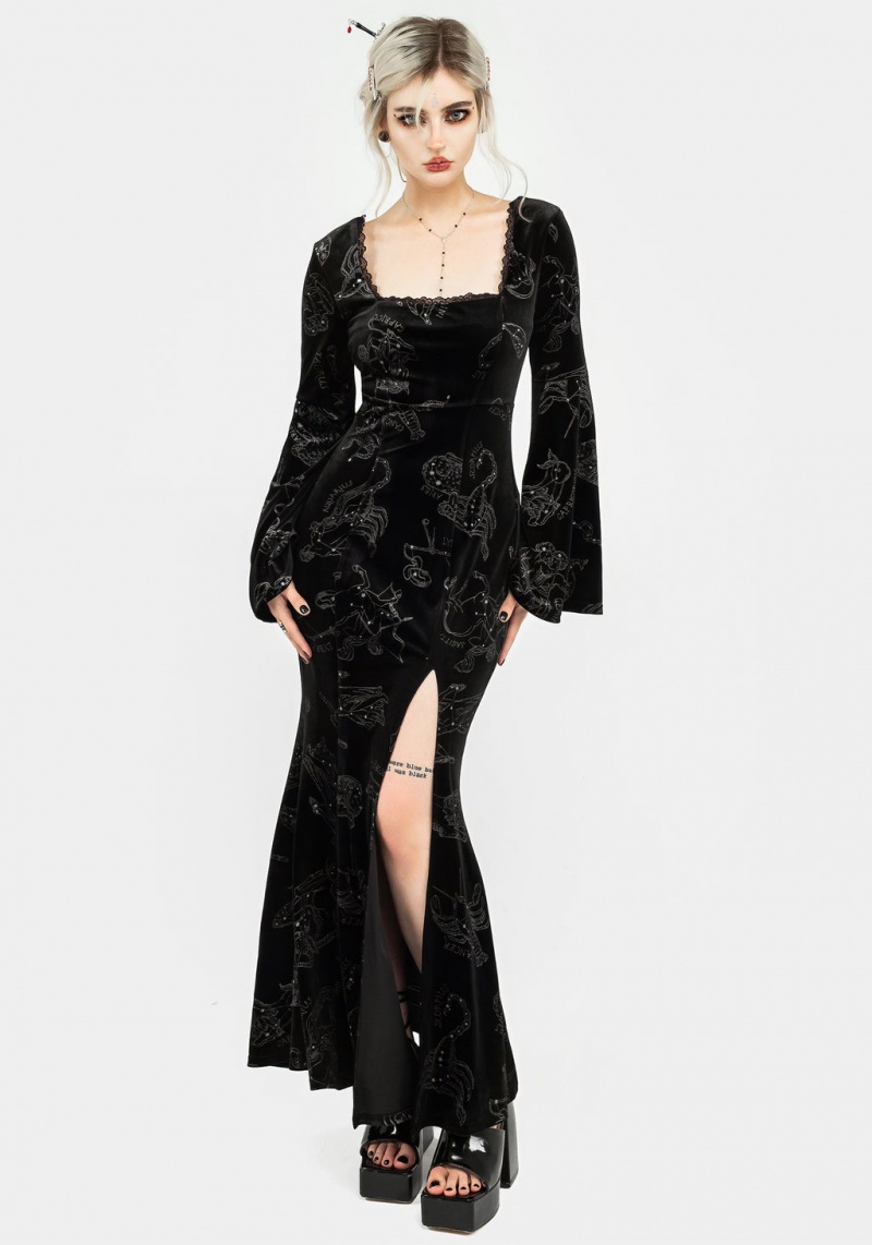 Disturbia Zodiac Foil Print Velour Flute Sleeve Maxi Gown | IBK-77241783