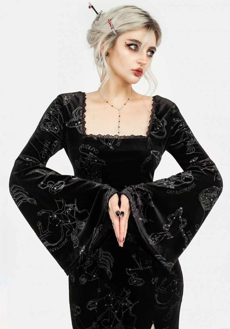 Disturbia Zodiac Foil Print Velour Flute Sleeve Maxi Gown | IBK-77241783