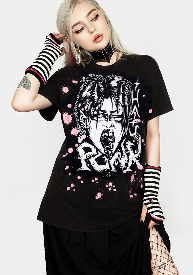 Disturbia Punk Vintage Black Washed T-Shirt | CTO-59841867