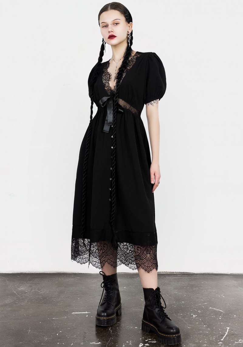 Disturbia Mortuary Dentelle Button Up Midi Robe | NZQ-73562415