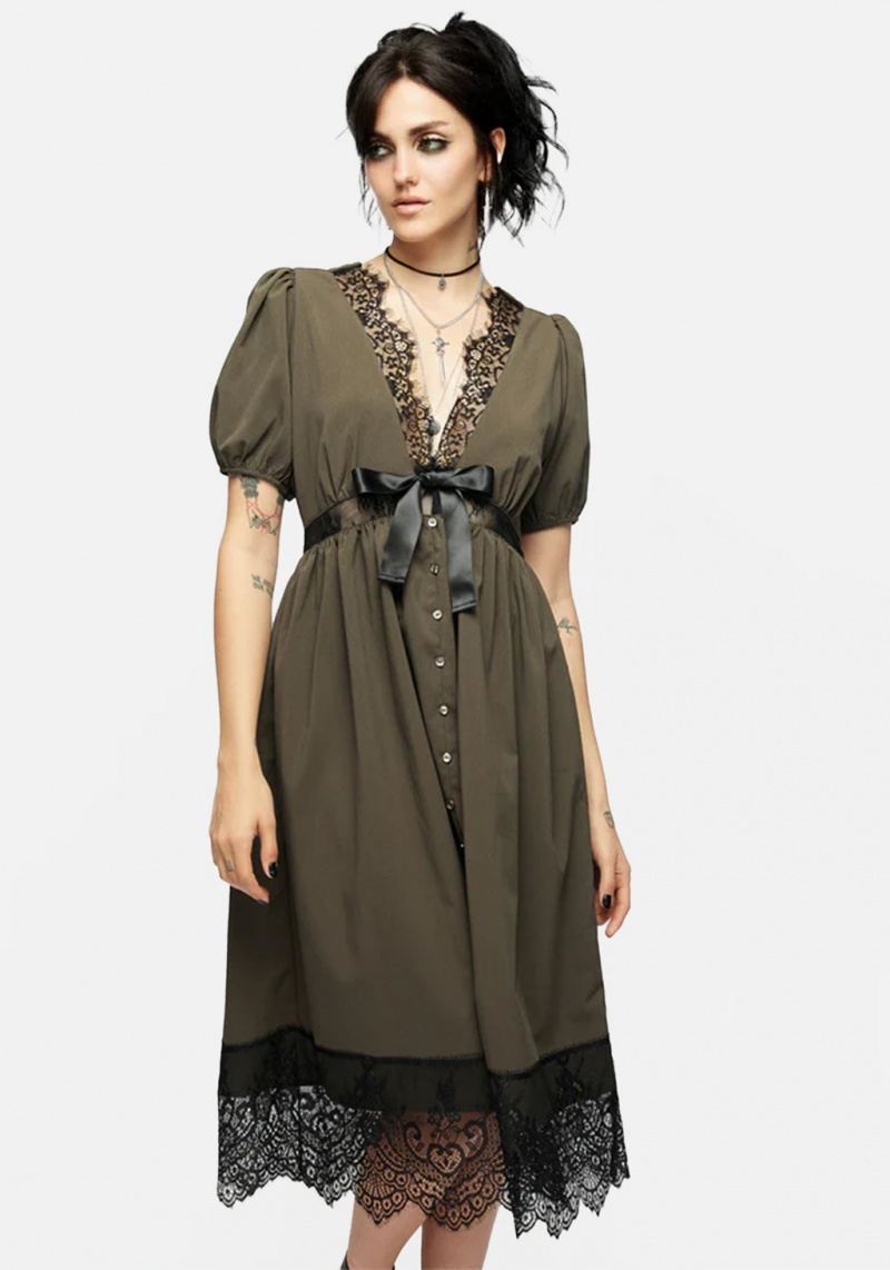 Disturbia Mortuary Dentelle Button Up Midi Robe in Tea Leaf | IZU-01207324