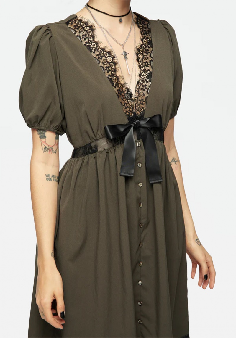 Disturbia Mortuary Dentelle Button Up Midi Robe in Tea Leaf | IZU-01207324