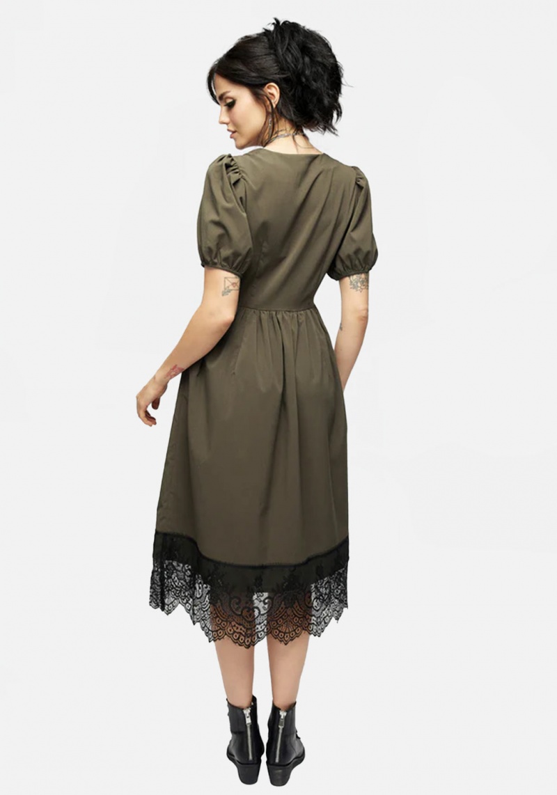 Disturbia Mortuary Dentelle Button Up Midi Robe in Tea Leaf | IZU-01207324