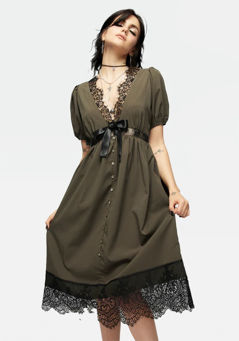 Disturbia Mortuary Dentelle Button Up Midi Robe in Tea Leaf | IZU-01207324