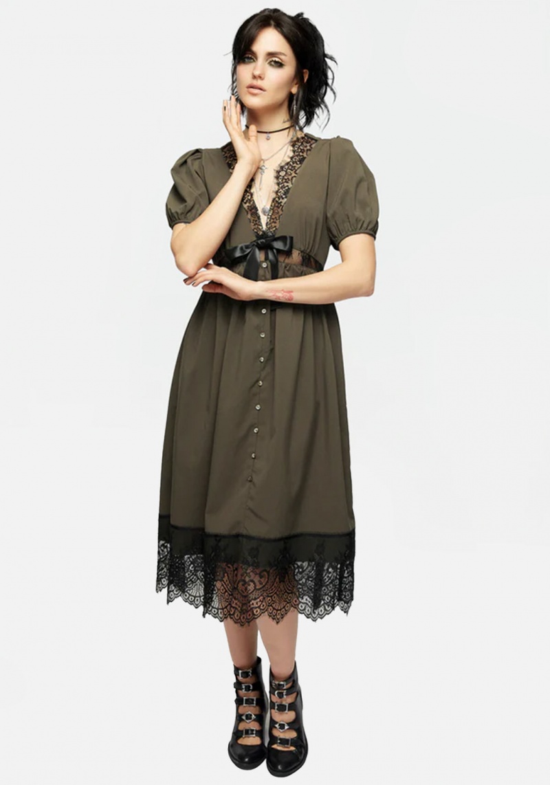 Disturbia Mortuary Dentelle Button Up Midi Robe in Tea Leaf | IZU-01207324