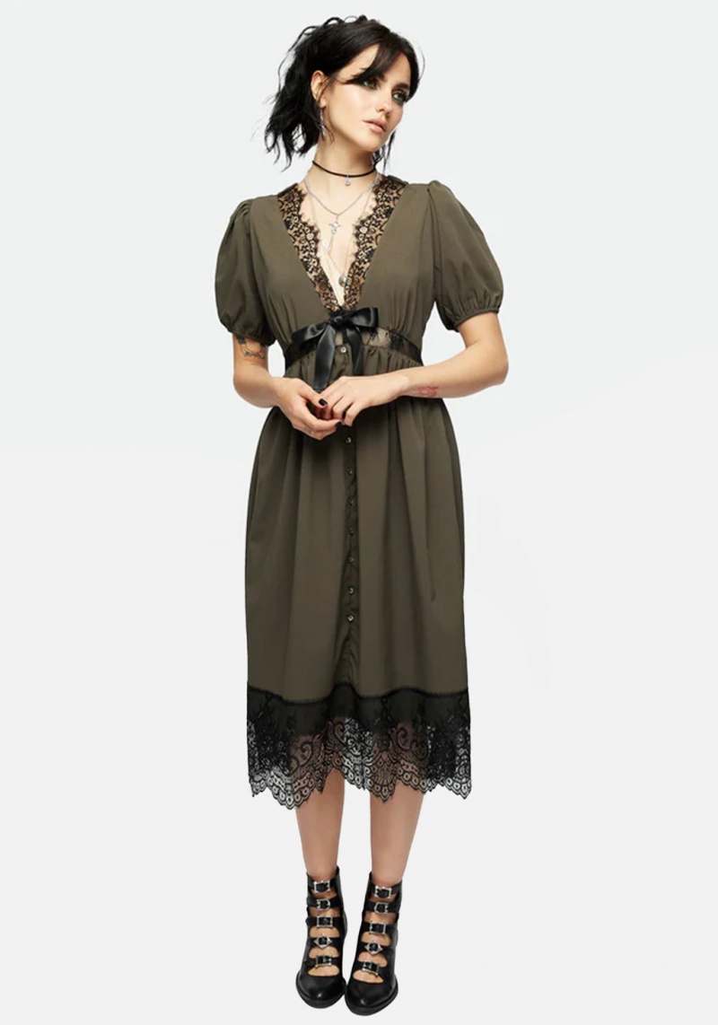 Disturbia Mortuary Dentelle Button Up Midi Robe in Tea Leaf | IZU-01207324