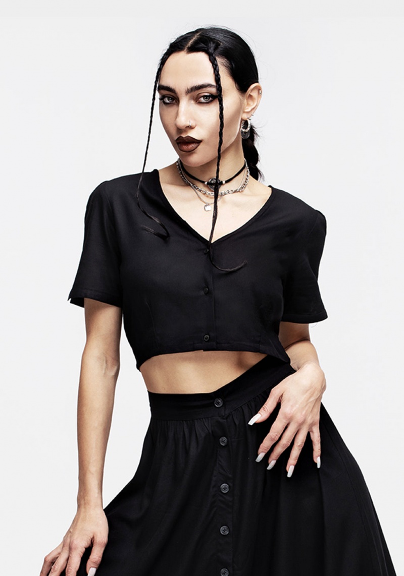 Disturbia Realm Button Down Crop Top - Midnight Black | SLU-29350159