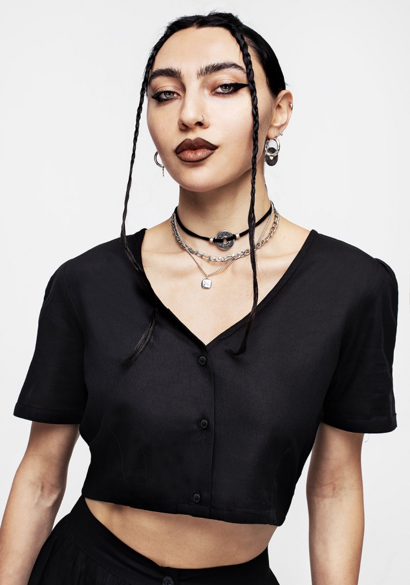 Disturbia Realm Button Down Crop Top - Midnight Black | SLU-29350159