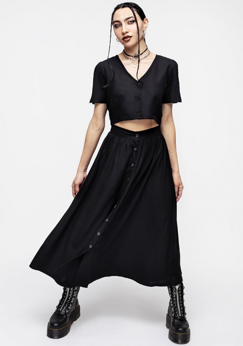 Disturbia Realm Button Down Crop Top - Midnight Black | SLU-29350159