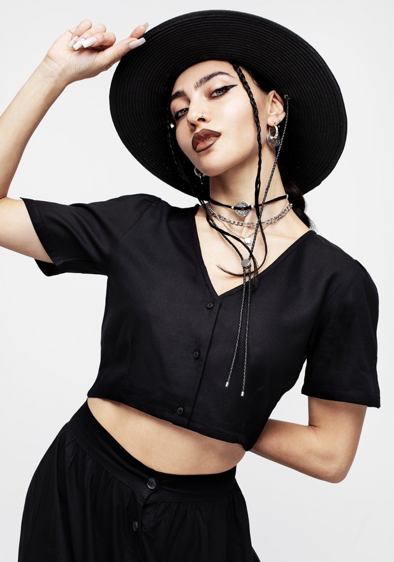 Disturbia Realm Button Down Crop Top - Midnight Black | SLU-29350159