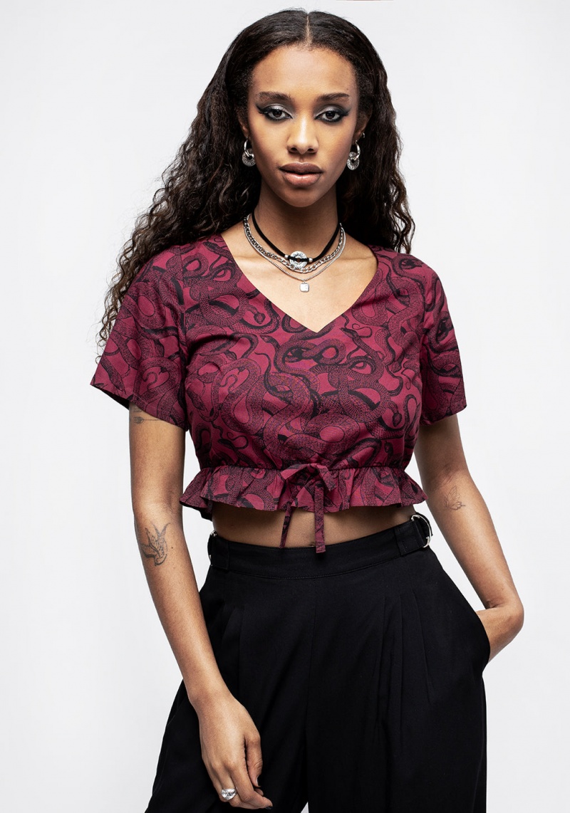 Disturbia Ophidia Snakes Print Tie Detail Crop Top - Red | QQZ-92318574