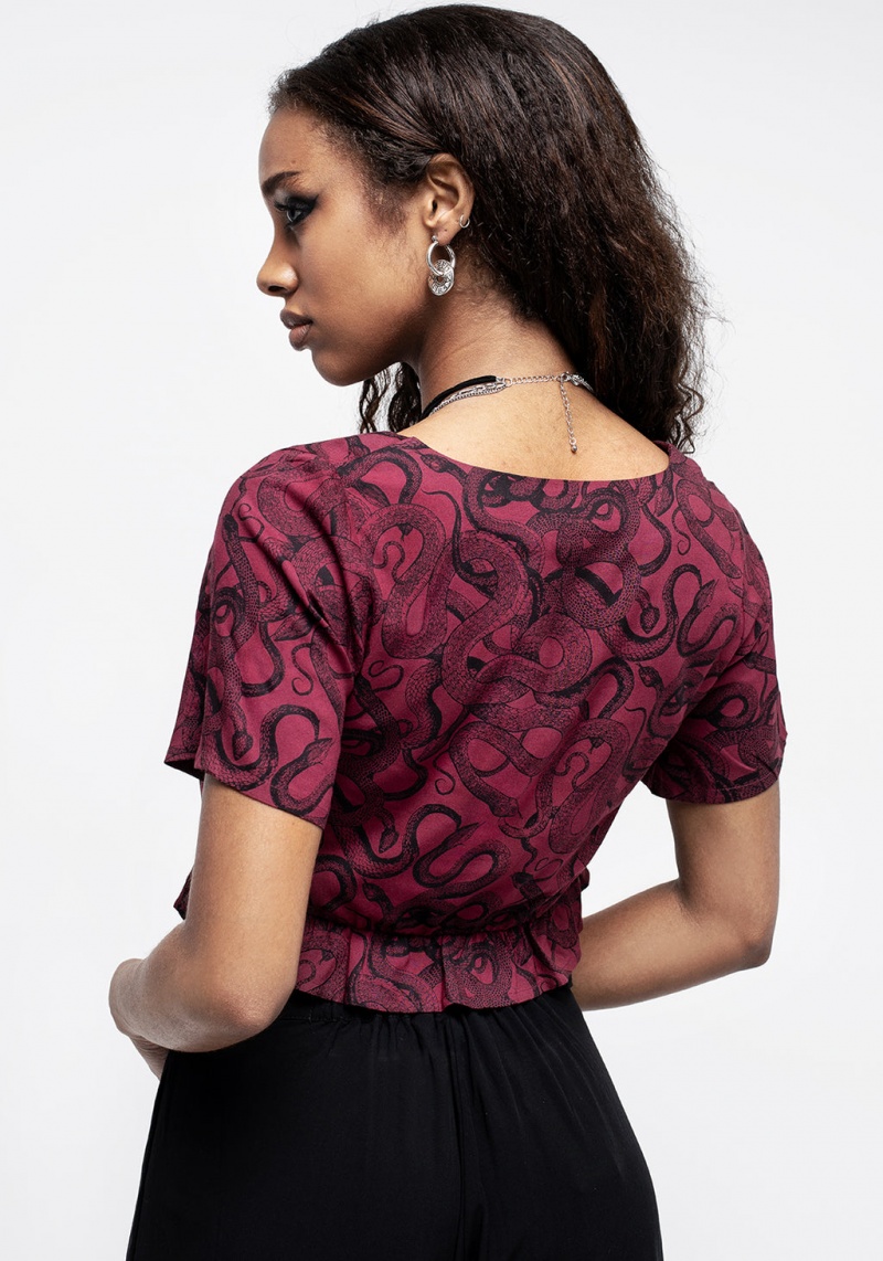 Disturbia Ophidia Snakes Print Tie Detail Crop Top - Red | QQZ-92318574