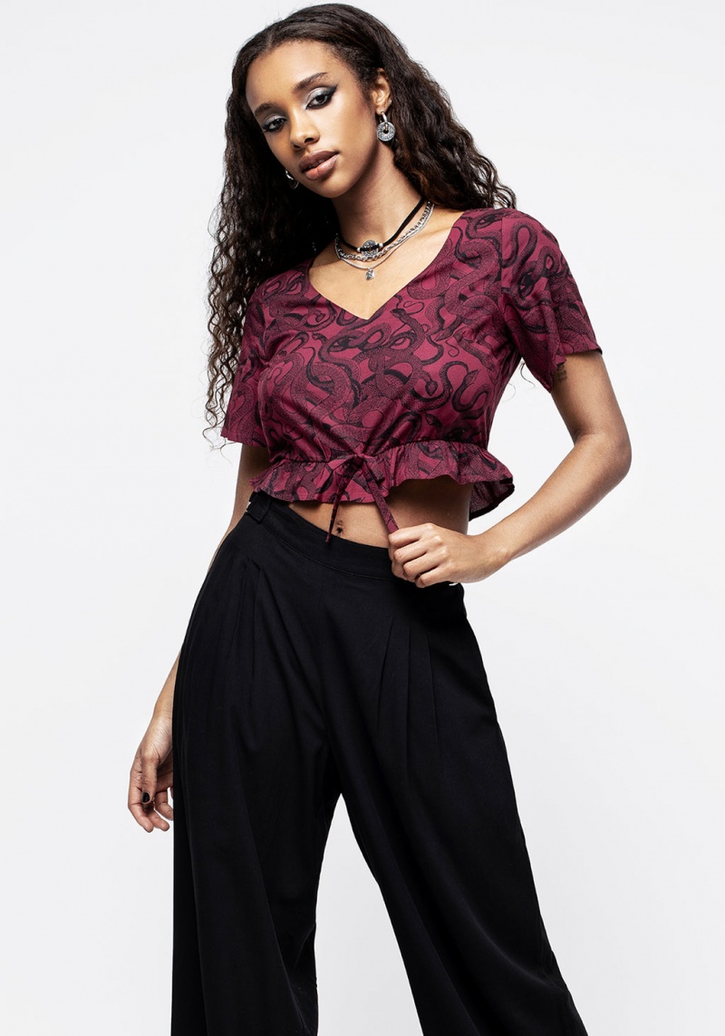 Disturbia Ophidia Snakes Print Tie Detail Crop Top - Red | QQZ-92318574