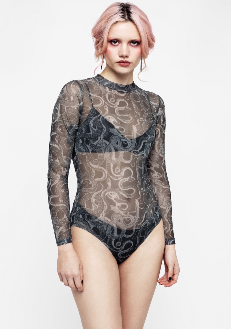 Disturbia Serpente Print Mesh Long Sleeve Bodysuit | WQG-96242987