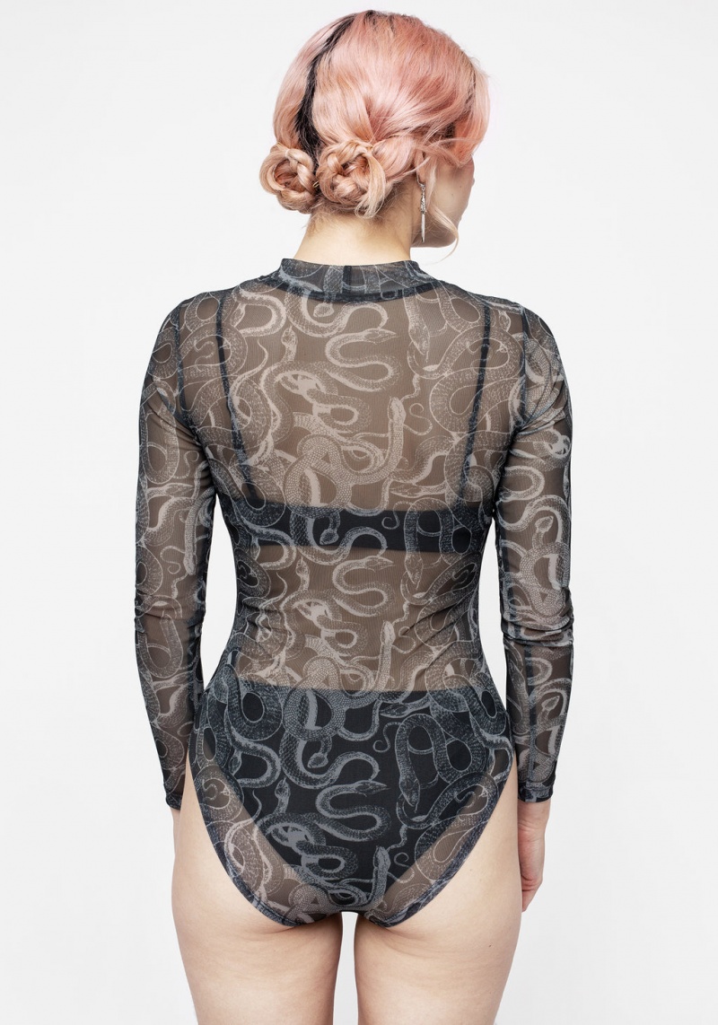 Disturbia Serpente Print Mesh Long Sleeve Bodysuit | WQG-96242987