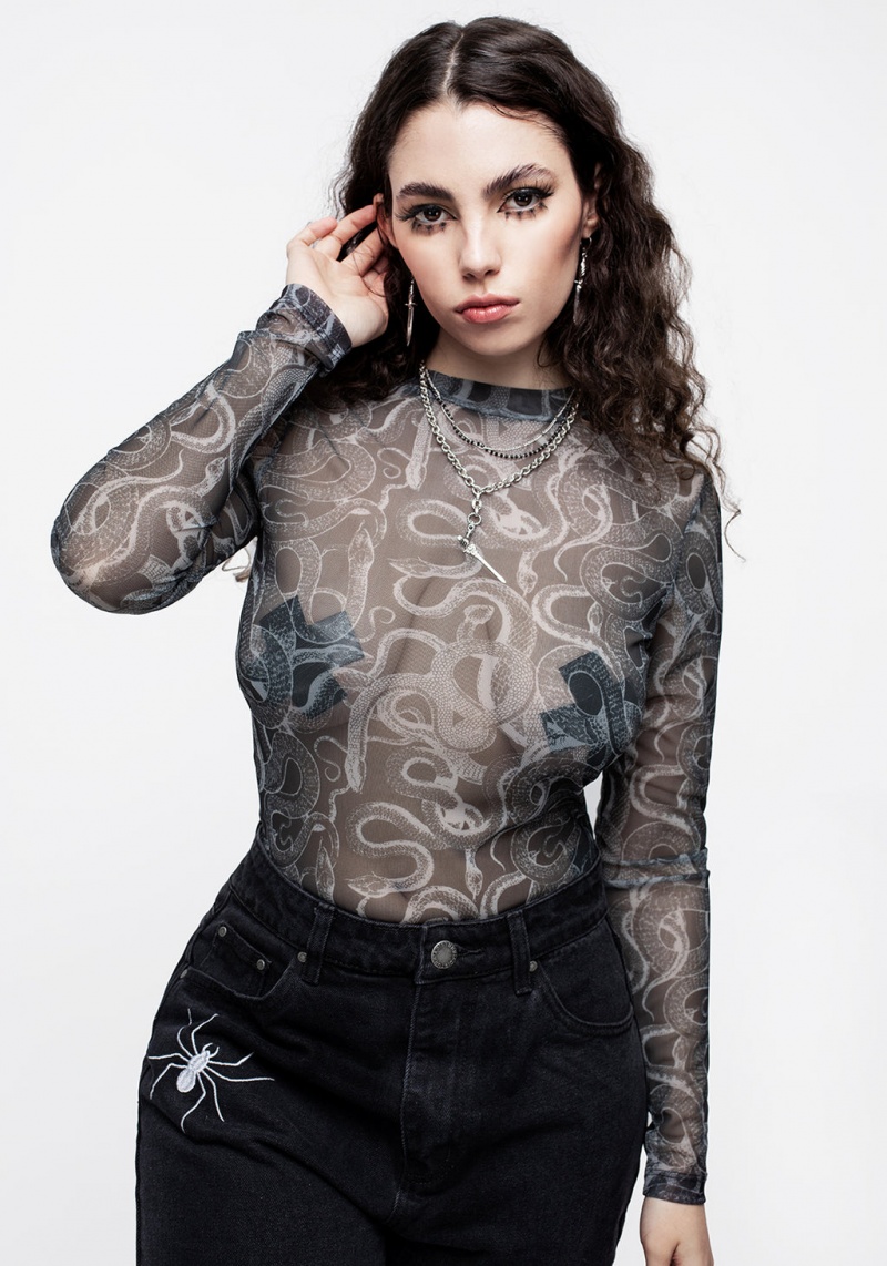 Disturbia Serpente Print Mesh Long Sleeve Bodysuit | WQG-96242987