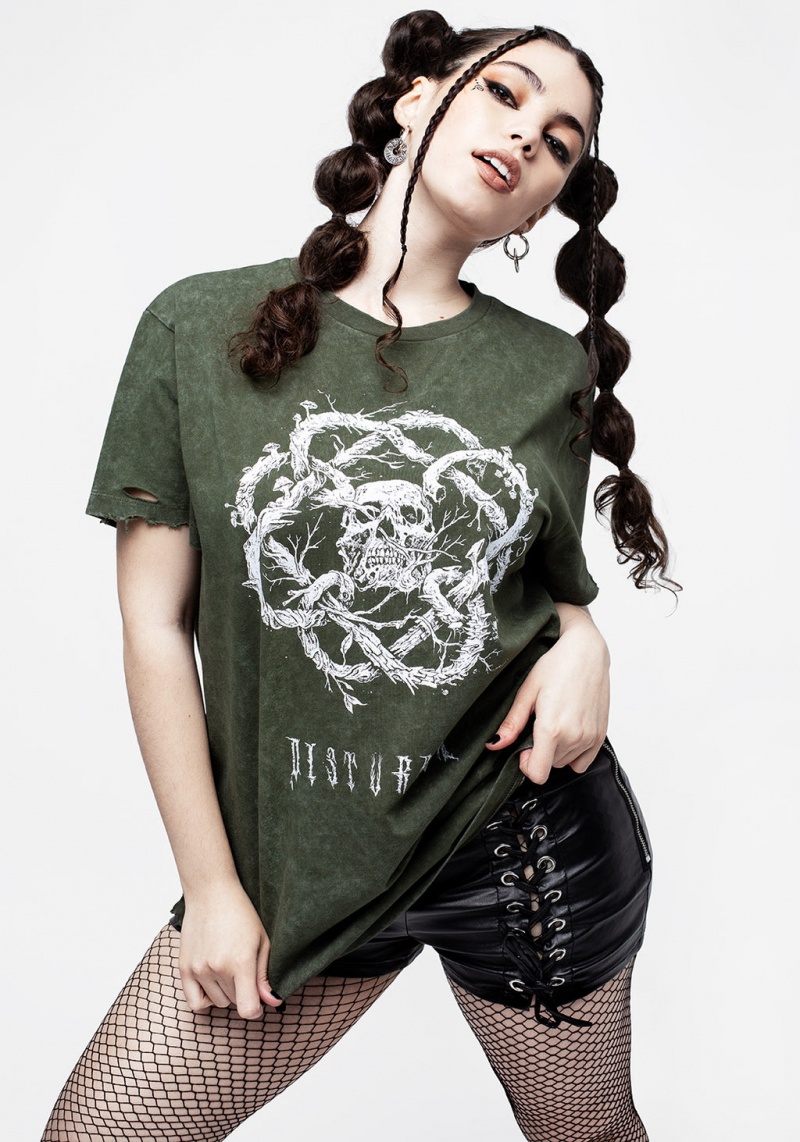 Disturbia Calavera Green Acid Wash Unisex Distressed T-shirt | KKX-50072630