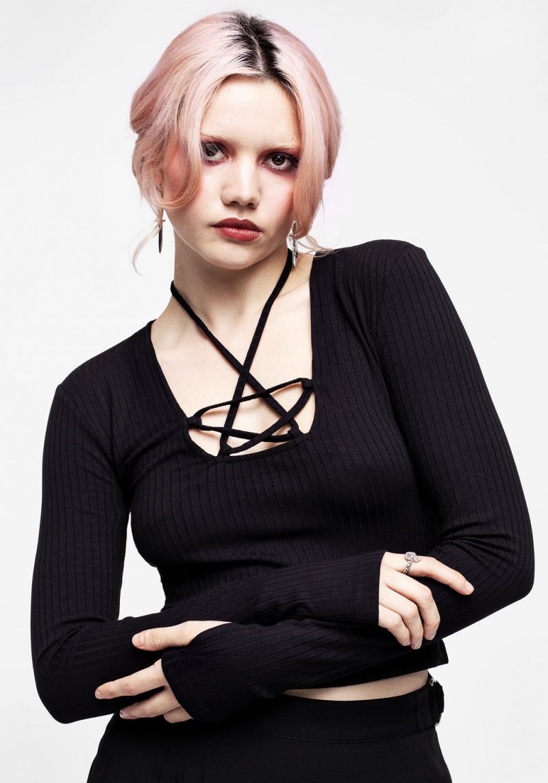 Disturbia Joanna Pentagram Long Sleeve Nervuré Top | FTG-42725458