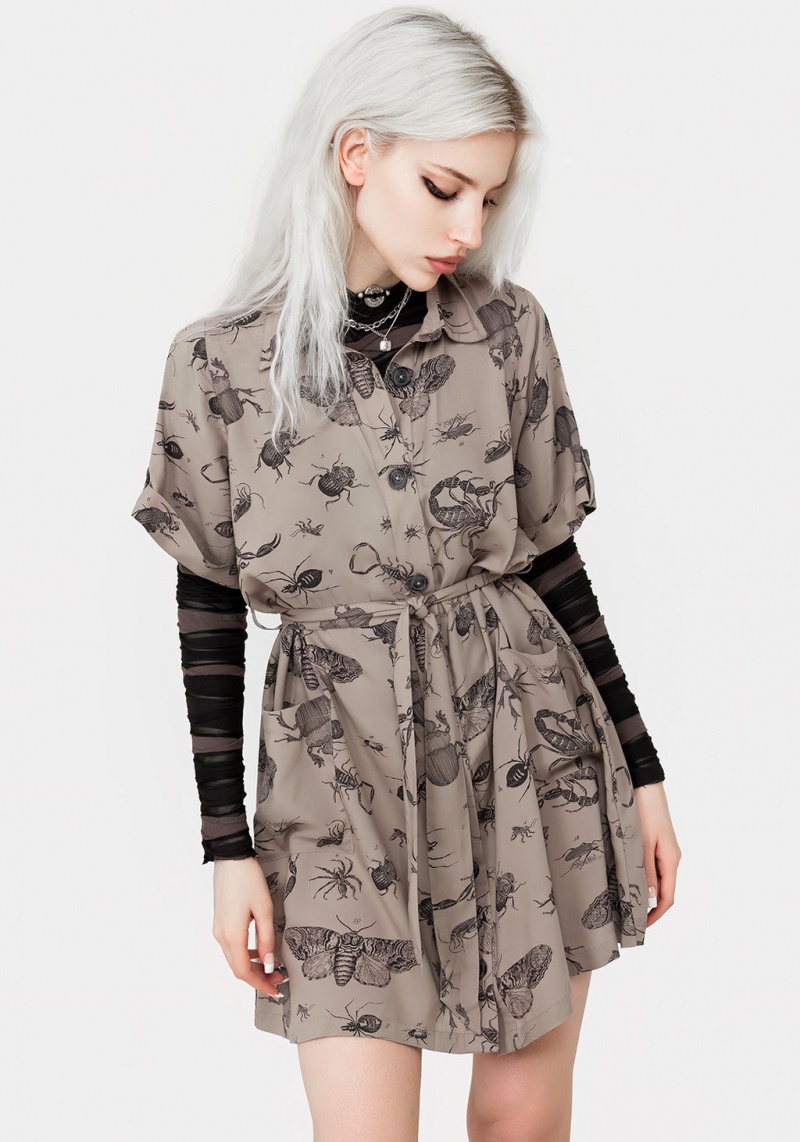 Disturbia Parasite Bugs Print Mini Corta Sleeve Shirt Robe - Taupe | OCA-29988505