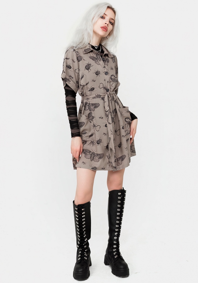 Disturbia Parasite Bugs Print Mini Corta Sleeve Shirt Robe - Taupe | OCA-29988505