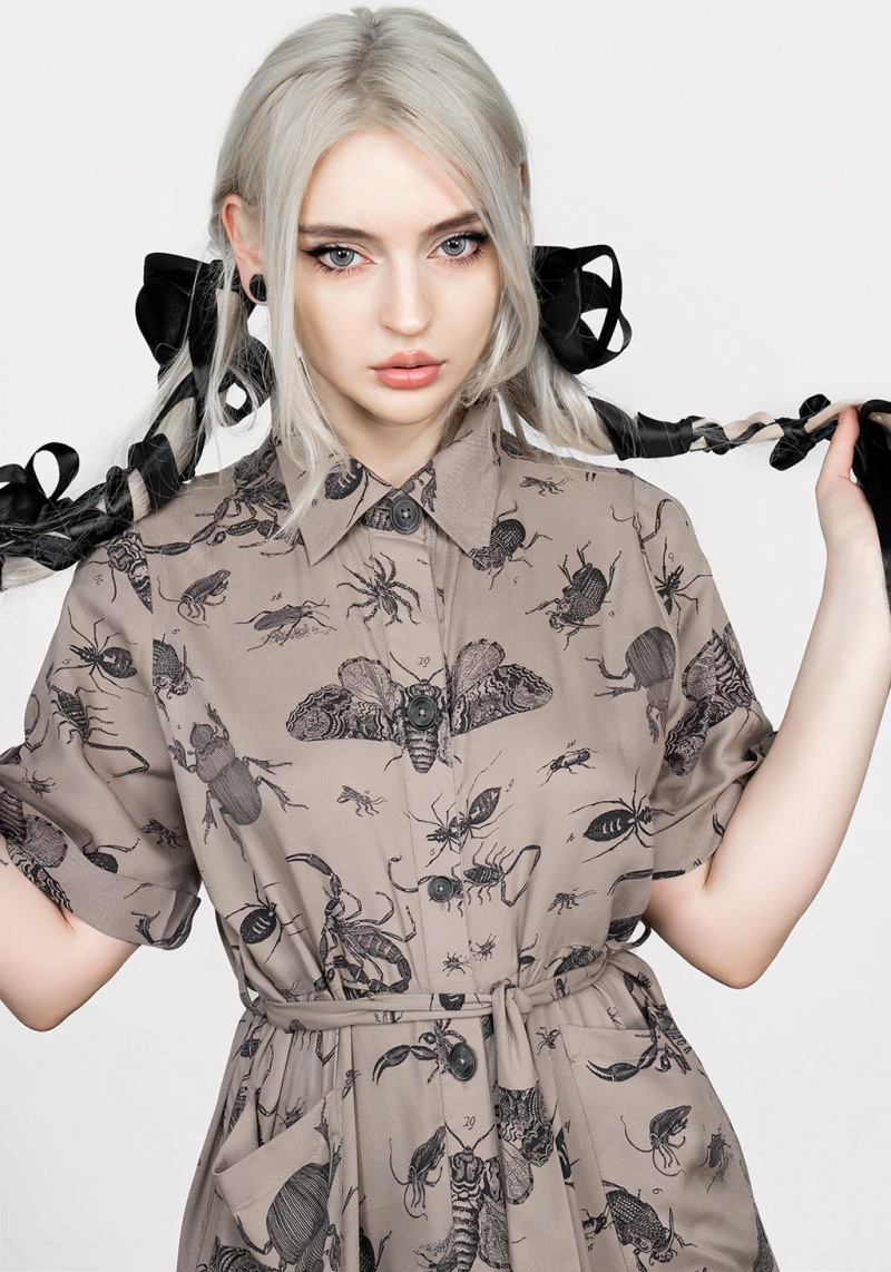 Disturbia Parasite Bugs Print Midi Corta Sleeve Shirt Robe - Taupe | FXX-33913566