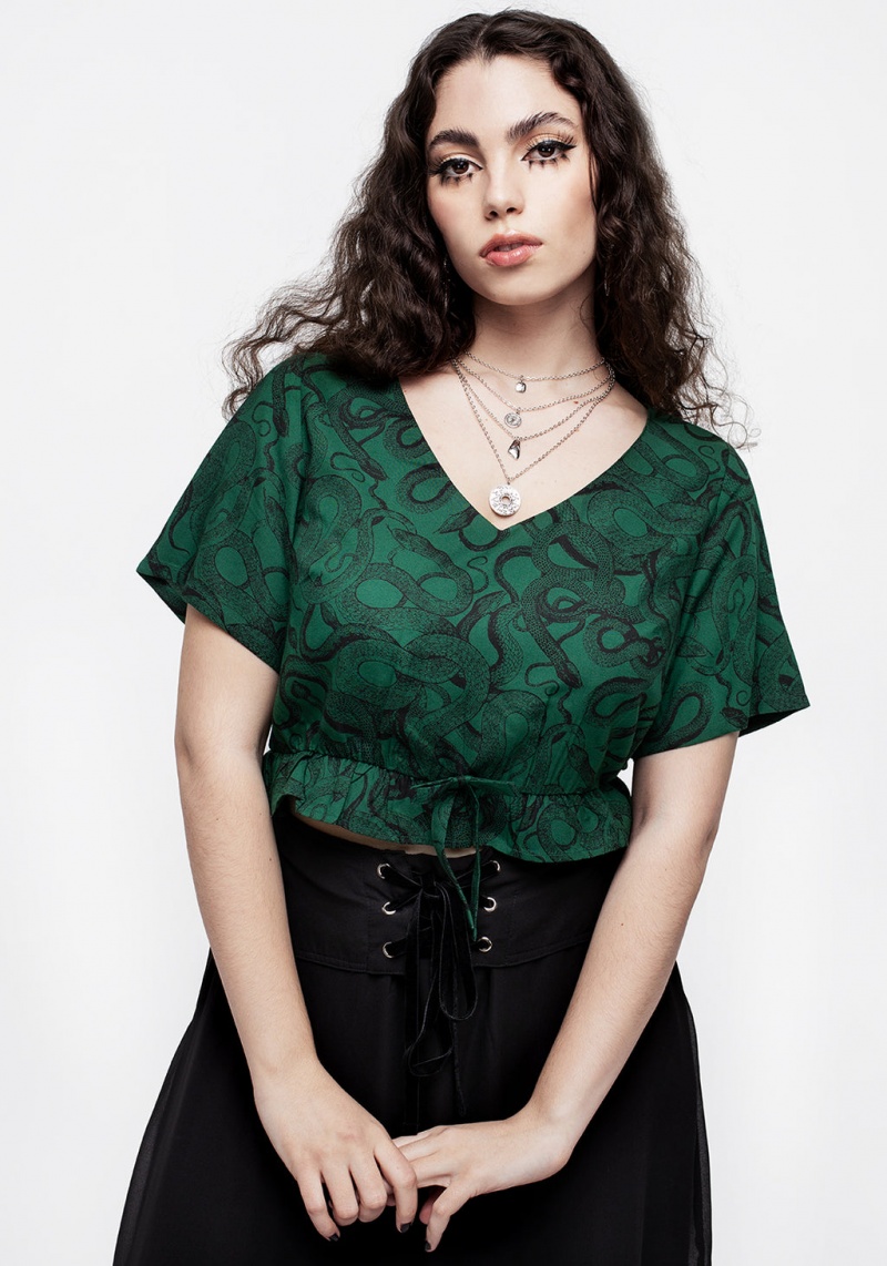 Disturbia Ophidia Snake Print Tie Detail Crop Top - Green | MJC-82665234