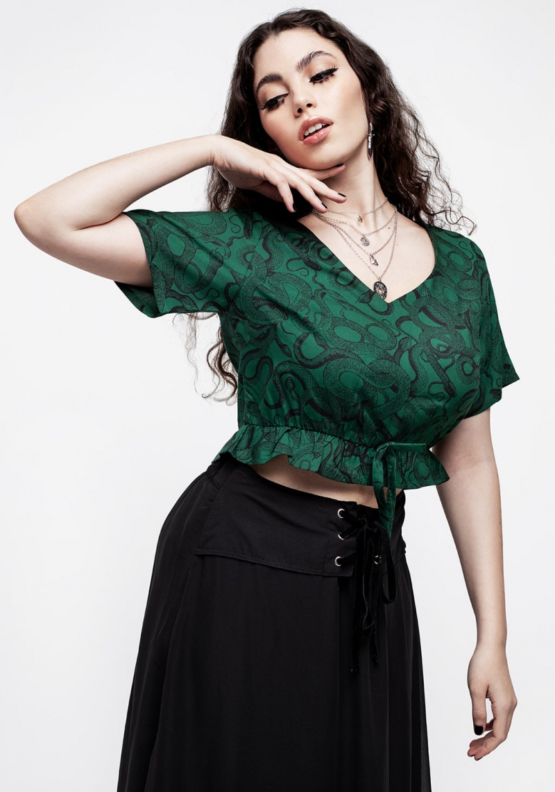 Disturbia Ophidia Snake Print Tie Detail Crop Top - Green | MJC-82665234