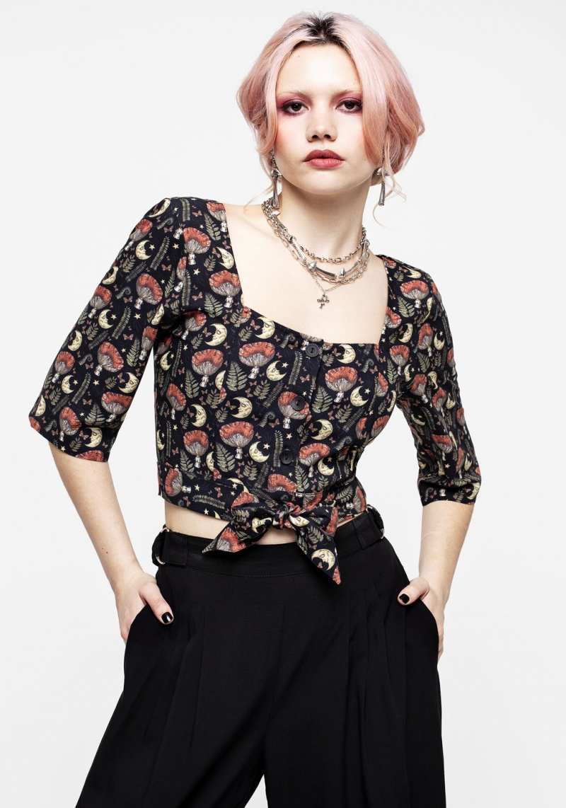 Disturbia Dreamfast Mushroom Moon Print Button Up Tie Crop Top | HHT-77863462