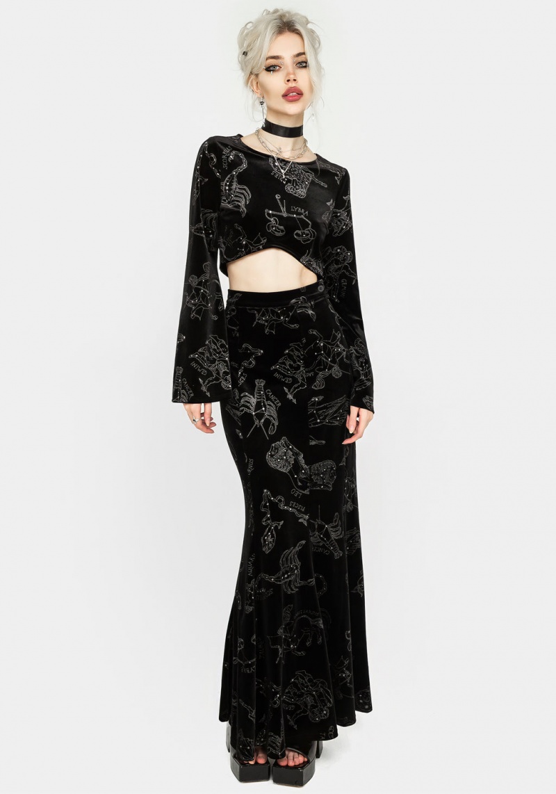 Disturbia Zodiac Foil Print Velour Mermaid Maxi Skirt | YEH-65348963