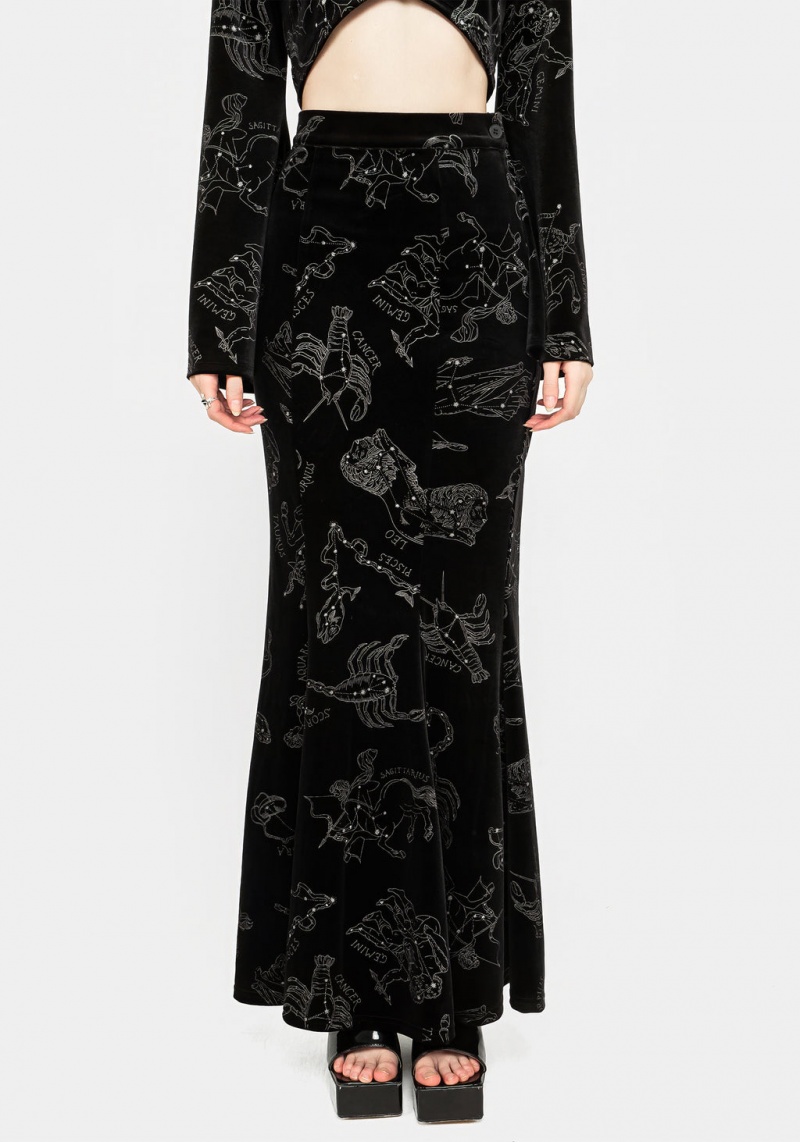 Disturbia Zodiac Foil Print Velour Mermaid Maxi Skirt | YEH-65348963