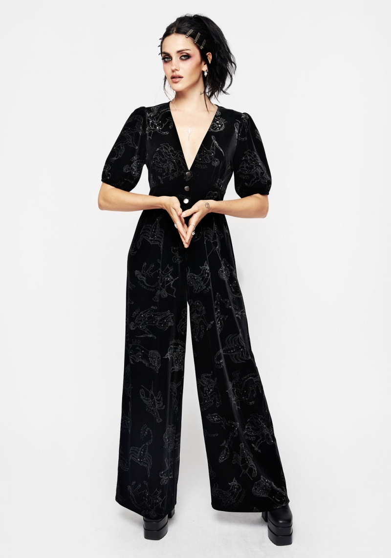 Disturbia Zodiac Foil Print Button Front Velour Jumpsuit | DNF-33720413