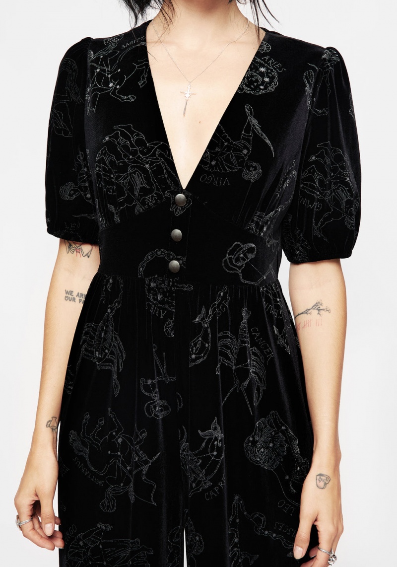 Disturbia Zodiac Foil Print Button Front Velour Jumpsuit | DNF-33720413