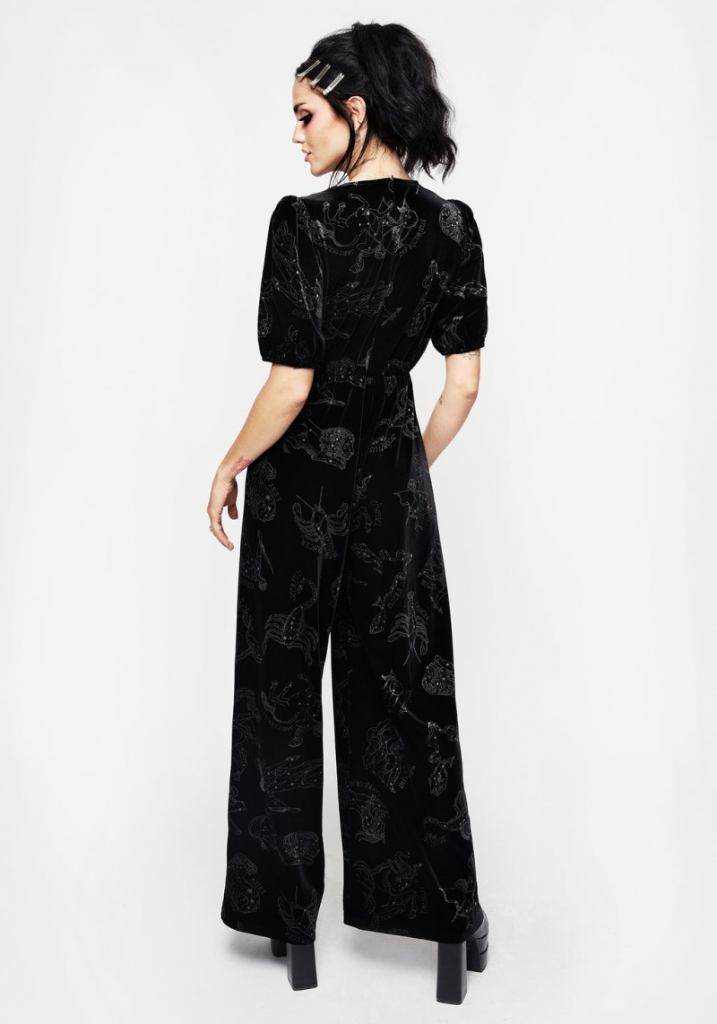 Disturbia Zodiac Foil Print Button Front Velour Jumpsuit | DNF-33720413