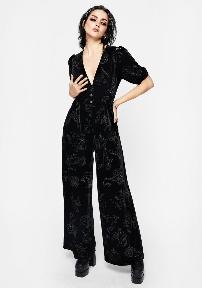 Disturbia Zodiac Foil Print Button Front Velour Jumpsuit | DNF-33720413