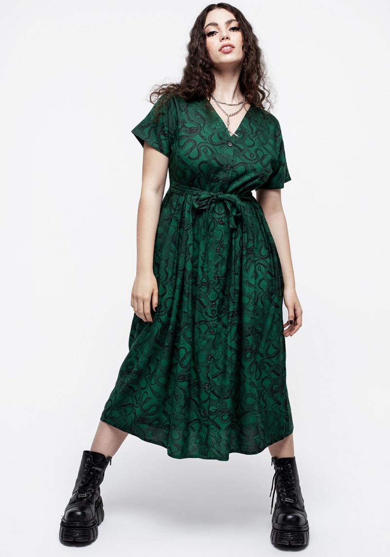 Disturbia Ophidia Snake Print Button Up Midi Robe - Green | PVT-33592584