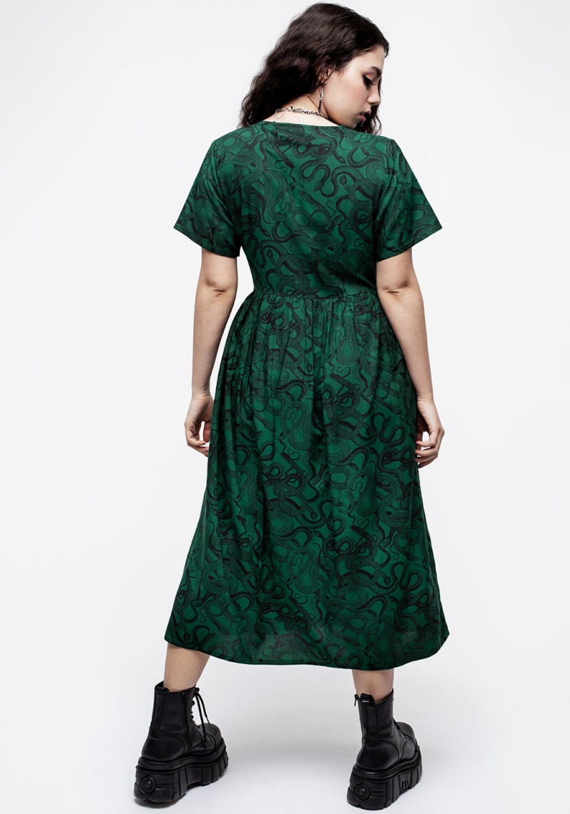 Disturbia Ophidia Snake Print Button Up Midi Robe - Green | PVT-33592584