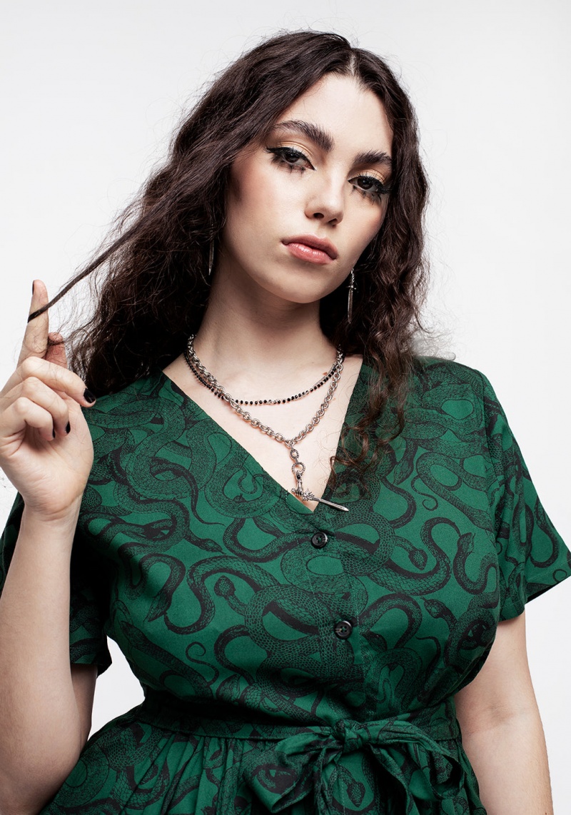 Disturbia Ophidia Snake Print Button Up Midi Robe - Green | PVT-33592584