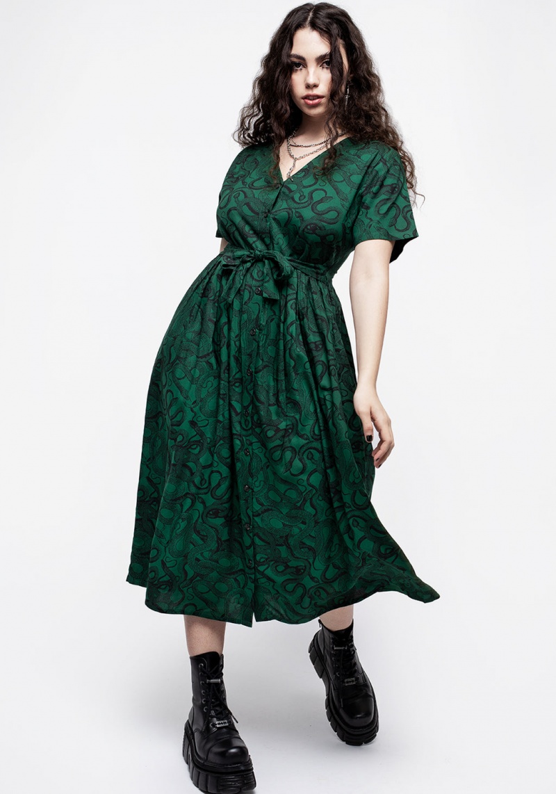 Disturbia Ophidia Snake Print Button Up Midi Robe - Green | PVT-33592584